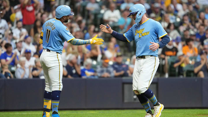 Jun 27, 2025; Milwaukee, Wisconsin, USA;  Milwaukee Brewers first baseman Rhys Hoskins (12) celebrates with center fielder Jackson Chourio (11) after scoring a run during the fourth inning against the Colorado Rockies at American Family Field. Mandatory Credit: Jeff Hanisch-Imagn Images