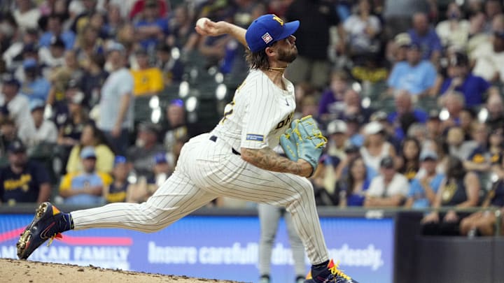 Jul 26, 2025; Milwaukee, Wisconsin, USA; Milwaukee Brewers pitcher DL Hall (37) delivers a pitch against the Miami Marlins in the eighth inning at American Family Field. Mandatory Credit: Michael McLoone-Imagn Images