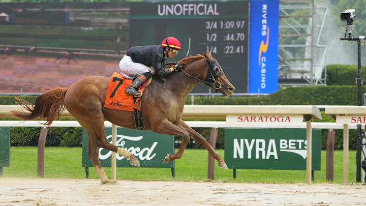 Jun 7, 2025; Saratoga, NY, USA; Pentathlon (7) with Jose L. Ortiz up wins Race 5 at Saratoga Race Course. Mandatory Credit: Gregory Fisher-Imagn Images
