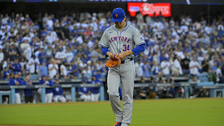 New York Mets pitcher Kodai Senga (34) reacts after being pulled from the mound against the Los Angeles Dodgers in the second inning during game one of the NLCS for the 2024 MLB Playoffs at Dodger Stadium on Oct 13.