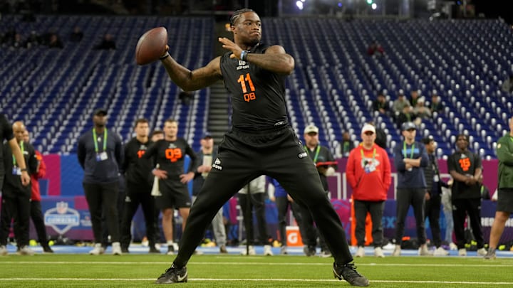 Mar 1, 2025; Indianapolis, IN, USA; Alabama quarterback Jalen Milroe (QB11) during the 2025 NFL Combine at Lucas Oil Stadium.  