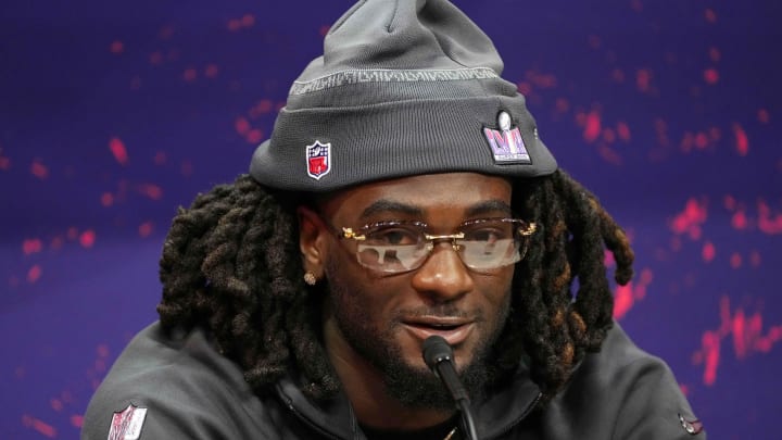 Feb 5, 2024; Las Vegas, NV, USA; San Francisco 49ers wide receiver Brandon Aiyuk (11) talks to the media during Super Bowl LVIII Opening Night at Allegiant Stadium. Mandatory Credit: Lucas Peltier-USA TODAY Sports