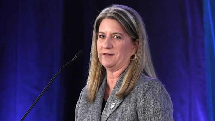 Oct 25, 2022; San Francisco, CA, USA; Deputy commissioner Teresa Gould speaks during Pac-12 Women's Basketball Media Day at the Pac-12 Network Studios. Mandatory Credit: Kirby Lee-Imagn Images