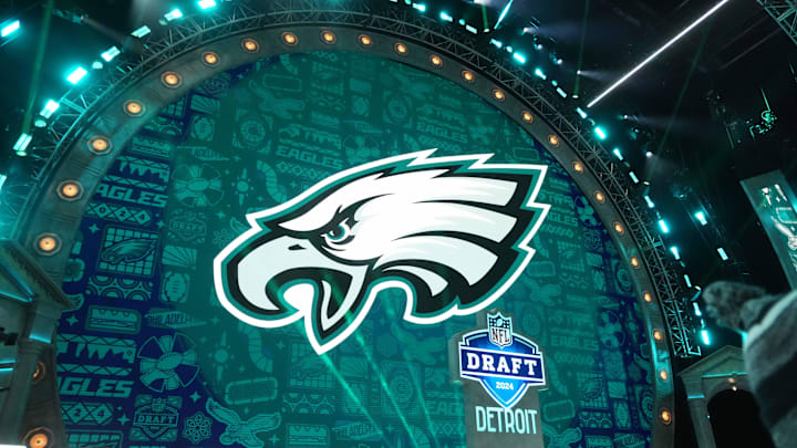 Apr 25, 2024; Detroit, MI, USA; A Philadelphia Eagles logo during the 2024 NFL Draft at Campus Martius Park and Hart Plaza. Mandatory Credit: Kirby Lee-Imagn Images