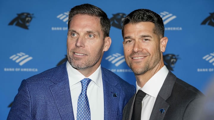 Feb 1, 2024; Charlotte, NC, USA;  Carolina Panthers new general manager Dan Morgan and new head coach Dave Canales stand for a photo during the introductory press conference at Bank of America Stadium. Mandatory Credit: Jim Dedmon-Imagn Images