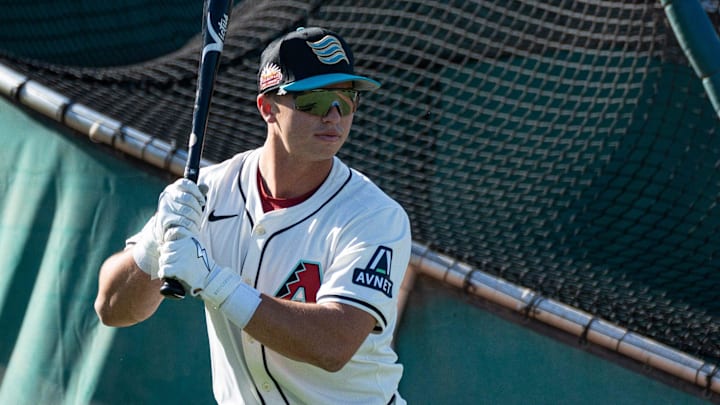 Second baseman, Tommy Troy warms up for batting practice during the Arizona Fall League media day at Scottsdale Stadium on Oct. 4, 2024, in Scottsdale, Arizona.