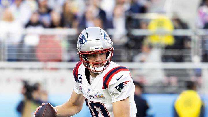 Feb 8, 2026; Santa Clara, CA, USA; New England Patriots quarterback Drake Maye (10) against the Seattle Seahawks during Super Bowl LX at Levi's Stadium. Mandatory Credit: Mark J. Rebilas-Imagn Images