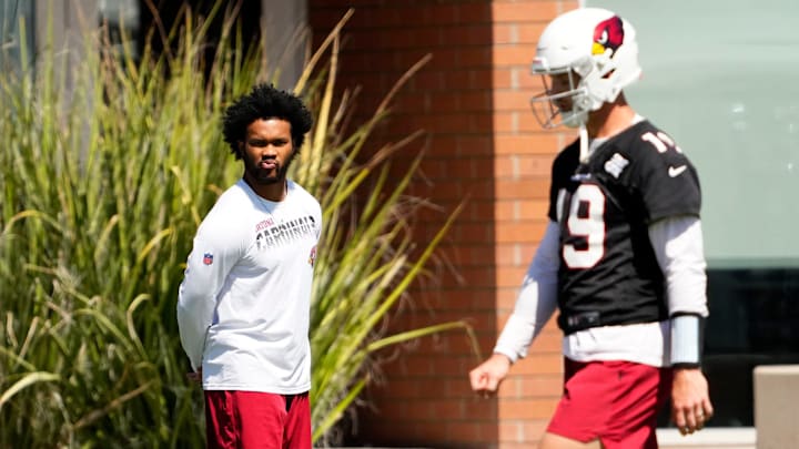 Arizona Cardinals quarterback Kyler Murray (1) watches his teammates practice during minicamp at the