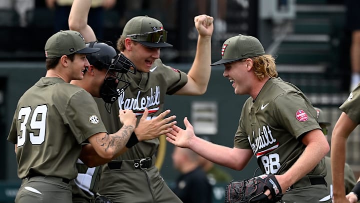 Vanderbilt pitcher Sawyer Hawks (88) celebrates with teammates after the team’s 5-2 win against Georgia in a NCAA college baseball game at Hawkins Field Saturday, April 19, 2025, in Nashville, Tenn. Vanderbilt pitcher Sawyer Hawks (88) celebrates with teammates after the team’s 5-2 win against Georgia in a NCAA college baseball game at Hawkins Field Saturday, April 19, 2025, in Nashville, Tenn.