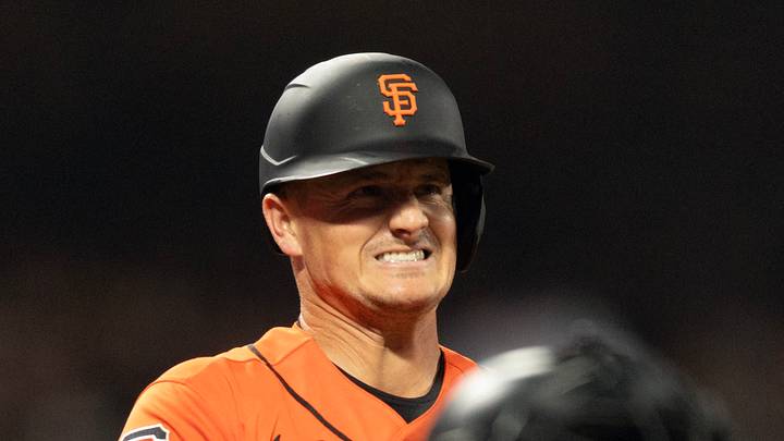 San Francisco, California, USA; San Francisco Giants third baseman Matt Chapman (26) reacts to a called strike during the fourth inning against the Miami Marlins at Oracle Park. Mandatory Credit: D. Ross Cameron-Imagn Images