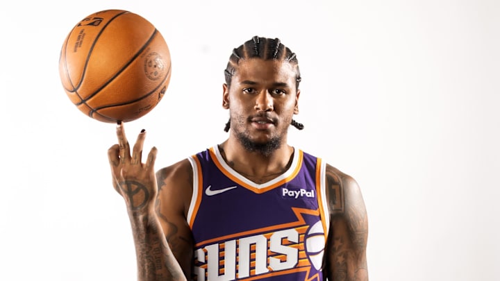 Sep 24, 2025; Phoenix, AZ, USA; Phoenix Suns guard Jalen Green (4) poses for portrait during Media Day at PHX Arena. Mandatory Credit: Mark J. Rebilas-Imagn Images
