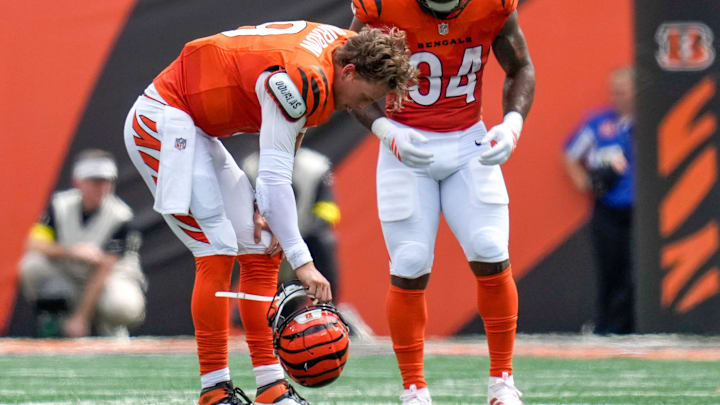 Cincinnati Bengals quarterback Joe Burrow (9) is injured on a play in the second quarter of the NFL Week 2 game between the Cincinnati Bengals and the Jacksonville Jaguars at Paycor Stadium in downtown Cincinnati on Sunday, Sept. 14, 2025. The Jaguars led 17-10 at halftime.