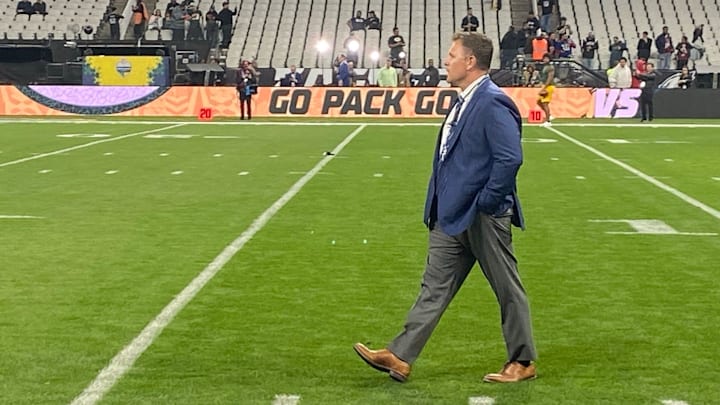Green Bay Packers general manager Brian Gutekunst walks on the field before the Week 1 game at Arena Corinthians in São Paulo, Brazil.