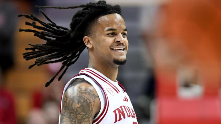 Mar 4, 2026; Bloomington, Indiana, USA; Indiana Hoosiers guard Lamar Wilkerson (3) celebrates after a play against the Minnesota Golden Gophers during the first half at Simon Skjodt Assembly Hall.