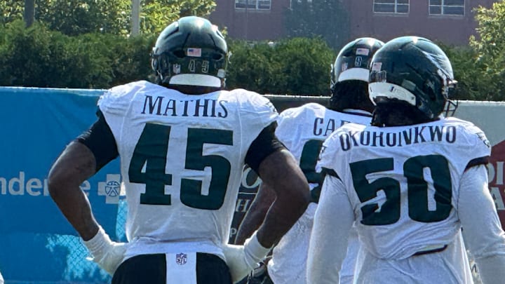Eagles pass rusher Ochaun Mathis has had a solid camp, and defensive end Ogbo Okoronkwo is improving after being signed on report day for the team, July 22.