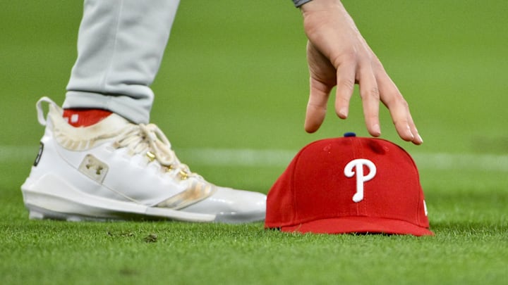 Apr 11, 2025; St. Louis, Missouri, USA; Philadelphia Phillies third baseman Alec Bohm (28) picks up his hat after chasing down a fly ball against the St. Louis Cardinals during the third inning at Busch Stadium. Mandatory Credit: Jeff Curry-Imagn Images Apr 11, 2025; St. Louis, Missouri, USA; Philadelphia Phillies third baseman Alec Bohm (28) picks up his hat after chasing down a fly ball against the St. Louis Cardinals during the third inning at Busch Stadium. Mandatory Credit: Jeff Curry-Imagn Images