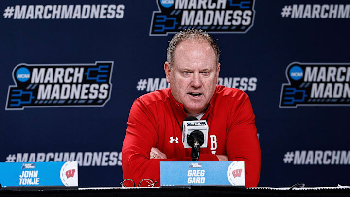 Mar 19, 2025; Denver, CO, USA; Wisconsin Badgers head coach Greg Gard during a press conference at Ball Arena. Mandatory Credit: Isaiah J. Downing-Imagn Images
