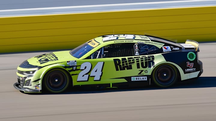 Oct 20, 2024; Las Vegas, Nevada, USA; NASCAR Cup Series driver William Byron (24) during the South Point 400 at Las Vegas Motor Speedway.