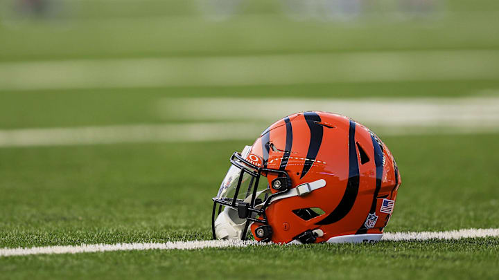 Aug 22, 2024; Cincinnati, Ohio, USA; A general view of the helmet of Cincinnati Bengals safety Daijahn Anthony (33)  during warmups before the game against the Indianapolis Colts at Paycor Stadium. Mandatory Credit: Katie Stratman-Imagn Images