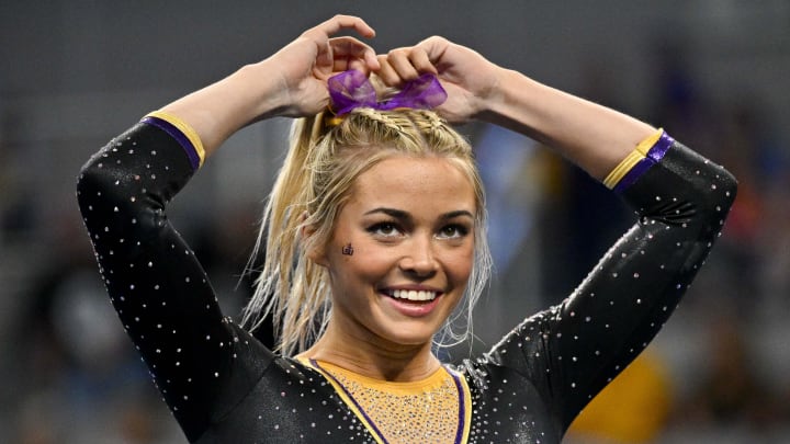 LSU Tigers gymnast Olivia Dunne warms up on floor during the 2024 NCAA Women's National Gymnastics Semifinals at Dickies Arena. LSU Tigers gymnast Olivia Dunne warms up on floor during the 2024 NCAA Women's National Gymnastics Semifinals at Dickies Arena.
