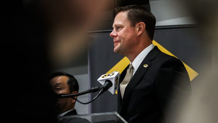 New Missouri athletic director Laird Veatch speaks during a press conference inside Stephens Indoor Facility on April 26, 2024 in Columbia, Mo. New Missouri athletic director Laird Veatch speaks during a press conference inside Stephens Indoor Facility on April 26, 2024 in Columbia, Mo.