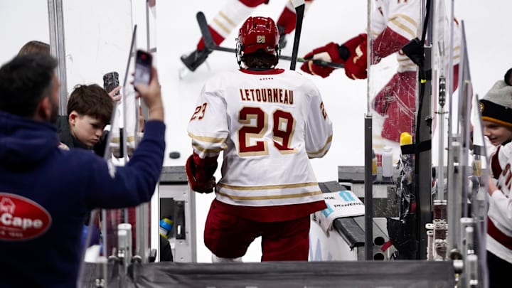 Dean Letourneau skates out for warmups at TD Garden on Feb. 2, 2026.