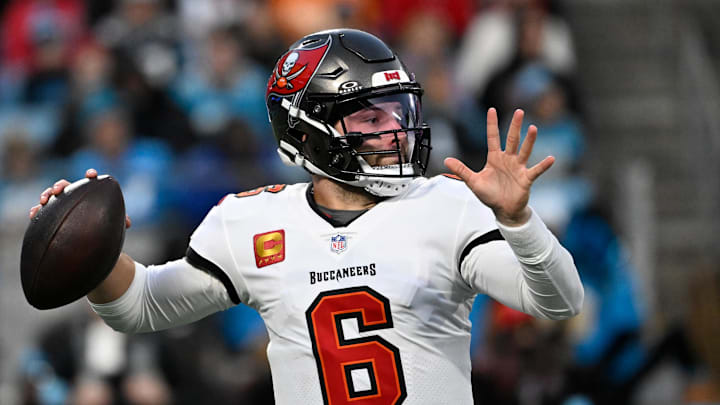 Dec 1, 2024; Charlotte, North Carolina, USA;  Tampa Bay Buccaneers quarterback Baker Mayfield (6) looks to pass in the second quarter at Bank of America Stadium. Mandatory Credit: Bob Donnan-Imagn Images