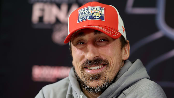 Florida Panthers forward Brad Marchand speaks to media at the 2025 Stanley Cup Final Media Day.