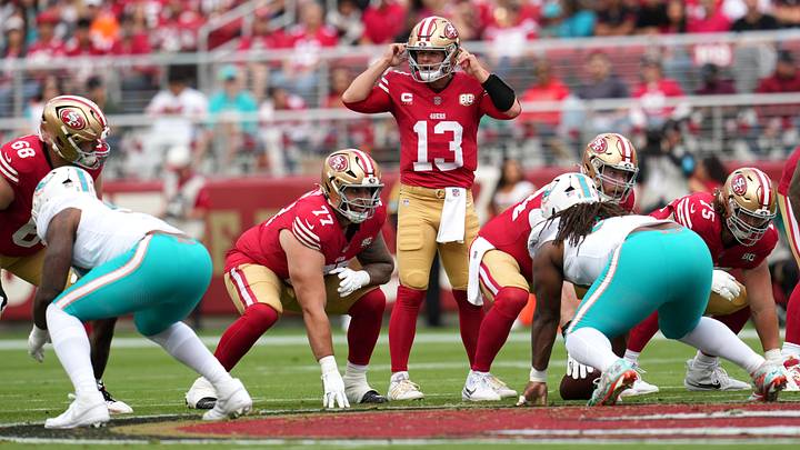 Sep 20, 2026; Santa Clara, California, USA; San Francisco 49ers quarterback Brock Purdy (13) calls a play at the line of scrimmage against the Miami Dolphins in the first half at Levi's Stadium. Mandatory Credit: Cary Edmondson-Imagn Images Sep 20, 2026; Santa Clara, California, USA; San Francisco 49ers quarterback Brock Purdy (13) calls a play at the line of scrimmage against the Miami Dolphins in the first half at Levi's Stadium. Mandatory Credit: Cary Edmondson-Imagn Images