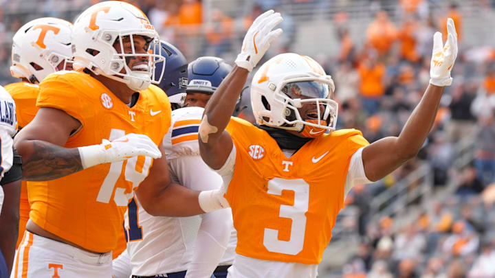 Tennessee wide receiver Squirrel White (3) celebrates with Tennessee tight end Holden Staes (19) after scoring a touchdown during a NCAA football game between Tennessee and UTEP in Neyland Stadium on Saturday, November 23, 2024. Tennessee wide receiver Squirrel White (3) celebrates with Tennessee tight end Holden Staes (19) after scoring a touchdown during a NCAA football game between Tennessee and UTEP in Neyland Stadium on Saturday, November 23, 2024.