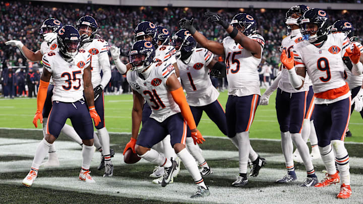 Bears defensive players celebrates Kevin Byard's interception against the Eagles. Bears defensive players celebrates Kevin Byard's interception against the Eagles.