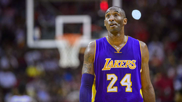 Apr 10, 2016; Houston, TX, USA;  Los Angeles Lakers forward Kobe Bryant (24) during the game between the Rockets and the Lakers at the Toyota Center. Bryant plays in the last road game and second to last game of his NBA career. Mandatory Credit: Jerome Miron-Imagn Images