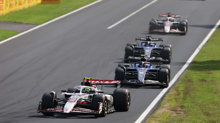 Oliver Bearman, Haas, leads Carlos Sainz and Alex Albon, Williams, and Esteban Ocon, Haas, during the Formula 1 2025 Italian Grand Prix at Autodromo Nazionale Monza, Monza.
