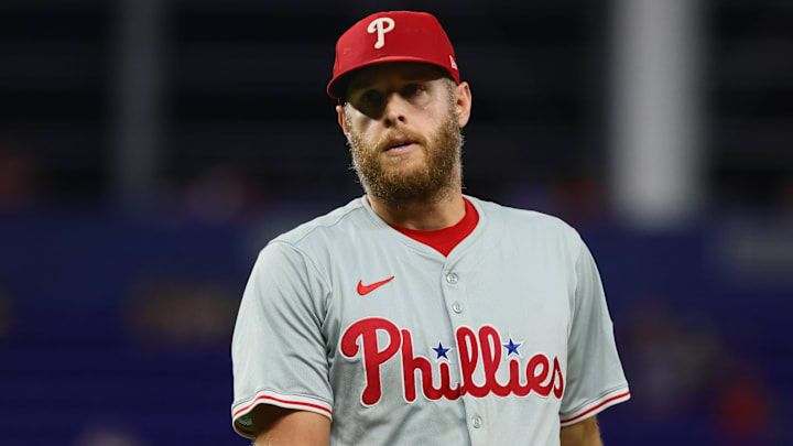 Sep 6, 2024; Miami, Florida, USA; Philadelphia Phillies starting pitcher Zack Wheeler (45) looks on against the Miami Marlins during the fifth inning at loanDepot Park
