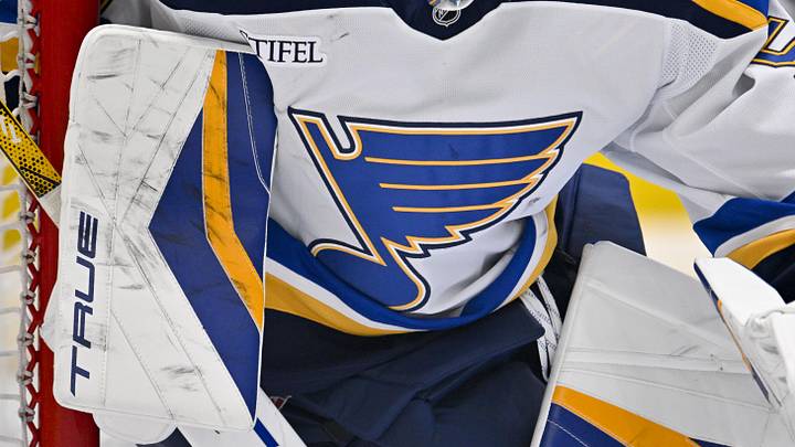 Mar 2, 2025; Dallas, Texas, USA; A view of the logo on the jersey of St. Louis Blues goaltender Jordan Binnington (50) during the game between the Dallas Stars and the St. Louis Blues at the American Airlines Center. Mandatory Credit: Jerome Miron-Imagn Images