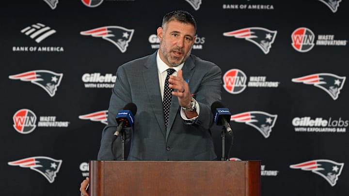 Jan 13, 2025; Foxborough, MA, USA; Mike Vrabel addresses media at a press conference to announce his hiring as the new head coach of the New England Patriots at Gillette Stadium. Mandatory Credit: Eric Canha-Imagn Images