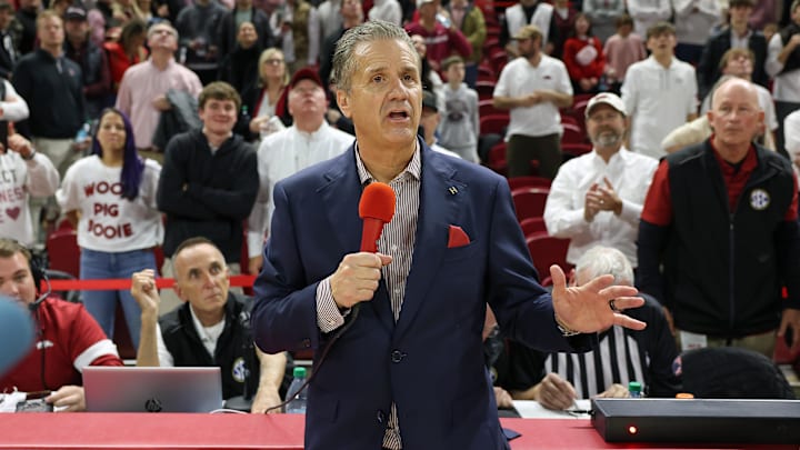 Dec 3, 2025; Fayetteville, Arkansas, USA; Arkansas Razorbacks head coach John Calipari addresses the crowd after a game against the Louisville Cardinals at Bud Walton Arena. Arkansas won 89-80. Mandatory Credit: Nelson Chenault-Imagn Images