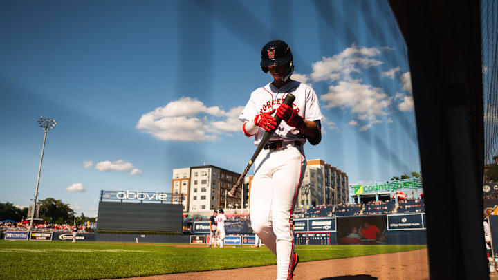 Kristian Campbell gets ready for an at-bat during a Triple-A Worcester game on Aug. 2, 2025 at Polar Park.