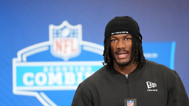 Feb 25, 2026; Indianapolis, IN, USA; Oklahoma defensive lineman R Mason Thomas (DL60) speaks during the NFL Scouting Combine at the Indiana Convention Center. Mandatory Credit: Kirby Lee-Imagn Images