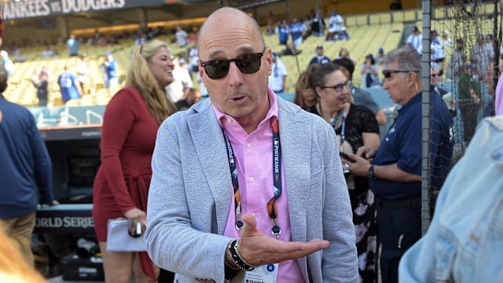 Oct 25, 2024; Los Angeles, California, USA; New York Yankees general manager Brian Cashman before game one against the Los Angeles Dodgers the 2024 MLB World Series at Dodger Stadium. Mandatory Credit: Jayne Kamin-Oncea-Imagn Images