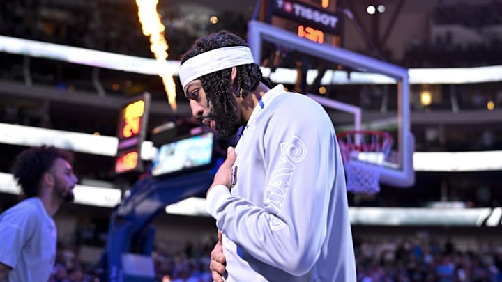 Apr 11, 2025; Dallas, Texas, USA; Dallas Mavericks forward Anthony Davis (3) is introduced before the game against the Toronto Raptors at the American Airlines Center. Mandatory Credit: Jerome Miron-Imagn Images