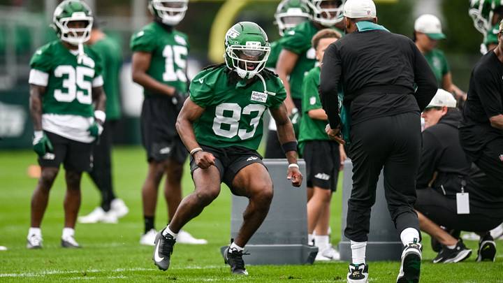 Jul 29, 2026; Florham Park, NJ, USA; New York Jets wide receiver Omar Cooper Jr. (83) participates in a drill during training camp at Atlantic Health Jets Training Center. Mandatory Credit: John Jones-Imagn Images Jul 29, 2026; Florham Park, NJ, USA; New York Jets wide receiver Omar Cooper Jr. (83) participates in a drill during training camp at Atlantic Health Jets Training Center. Mandatory Credit: John Jones-Imagn Images
