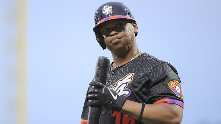 Jul 8, 2025; San Francisco, California, USA; San Francisco Giants designated hitter Rafael Devers (16) reacts after striking out to end the fifth inning leaving a runner on third base against the Philadelphia Phillies at Oracle Park Jul 8, 2025; San Francisco, California, USA; San Francisco Giants designated hitter Rafael Devers (16) reacts after striking out to end the fifth inning leaving a runner on third base against the Philadelphia Phillies at Oracle Park