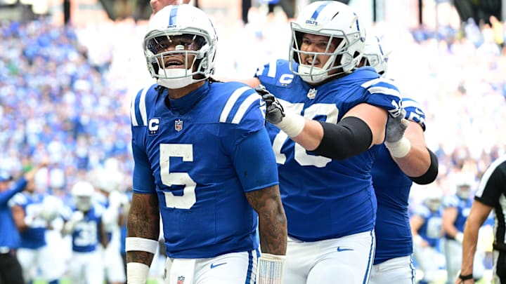 Sep 8, 2024; Indianapolis, Indiana, USA; Indianapolis Colts quarterback Anthony Richardson (5) celebrates a touchdown during the second half agains the Houston Texans at Lucas Oil Stadium. Mandatory Credit: Marc Lebryk-Imagn Images Sep 8, 2024; Indianapolis, Indiana, USA; Indianapolis Colts quarterback Anthony Richardson (5) celebrates a touchdown during the second half agains the Houston Texans at Lucas Oil Stadium. Mandatory Credit: Marc Lebryk-Imagn Images