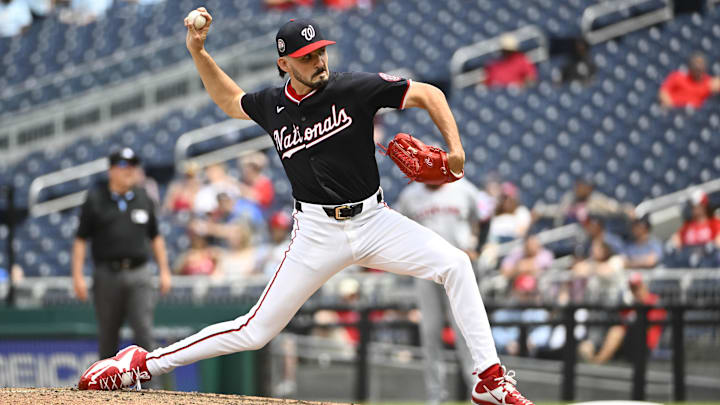 May 7, 2025; Washington, District of Columbia, USA; Washington Nationals relief pitcher Cole Henry (99) throws to the Cleveland Guardians during the seventh inning at Nationals Park. May 7, 2025; Washington, District of Columbia, USA; Washington Nationals relief pitcher Cole Henry (99) throws to the Cleveland Guardians during the seventh inning at Nationals Park.