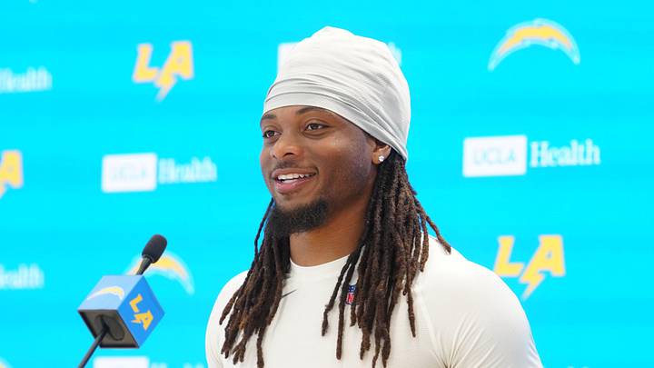 May 11, 2026; El Segundo, CA, USA; Los Angeles Chargers running back Keaton Mitchell at press conference during offseason workouts at The Bolt. Mandatory Credit: Kirby Lee-Imagn Images