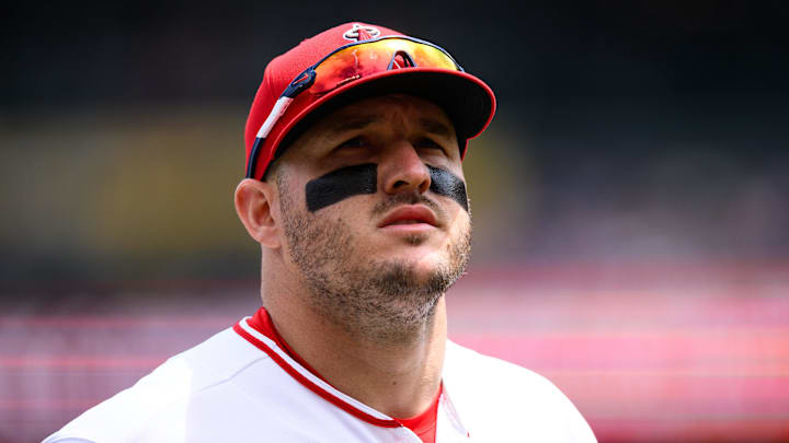 May 3, 2026; Anaheim, California, USA; Los Angeles Angels center fielder Mike Trout (27) looks on during the first inning against the New York Mets at Angel Stadium. 