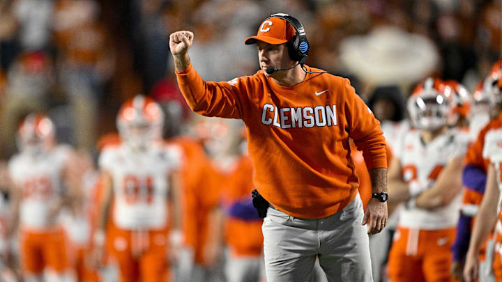 Dec 21, 2024; Austin, Texas, USA; Clemson Tigers head coach Dabo Swinney motions to his team during the second half of the game against the Texas Longhorns in the CFP National Playoff first round game at Darrell K Royal-Texas Memorial Stadium. Mandatory Credit: Jerome Miron-Imagn Images