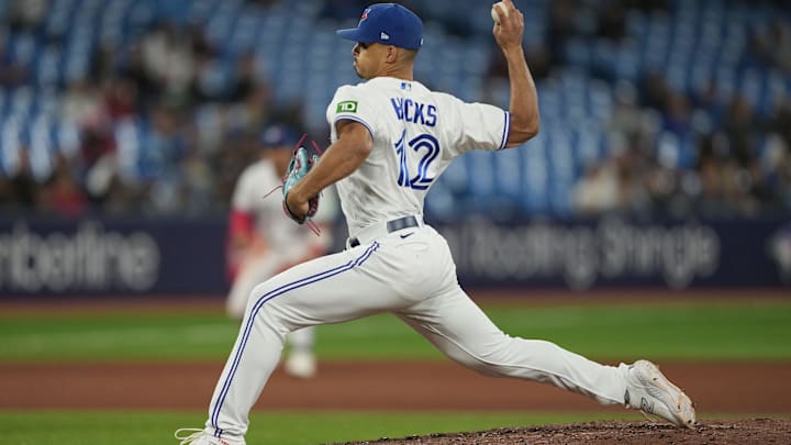 Sep 13, 2023; Toronto, Ontario, CAN; Toronto Blue Jays relief pitcher Jordan Hicks (12) throws a