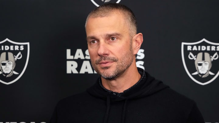 Feb 25, 2025; Indianapolis, IN, USA; Las Vegas Raiders general manager John Spytek on radio row during the NFL Scouting Combine at the Indiana Convention Center. Mandatory Credit: Kirby Lee-Imagn Images